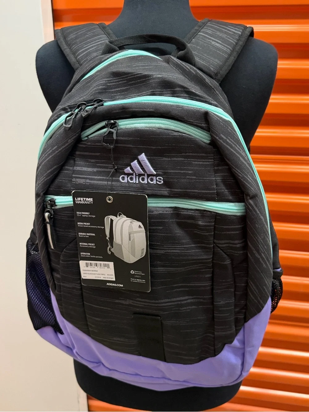NWT Adidas Foundation ||| Black Backpack with Lavender Base and Mint Zippers